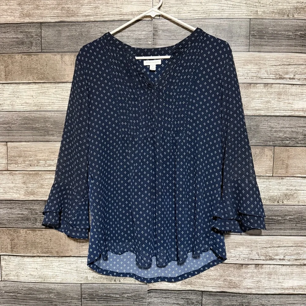 Charter Club Blouse Women’s M Navy Blue White Dot Pattern - Picture 3 of 7